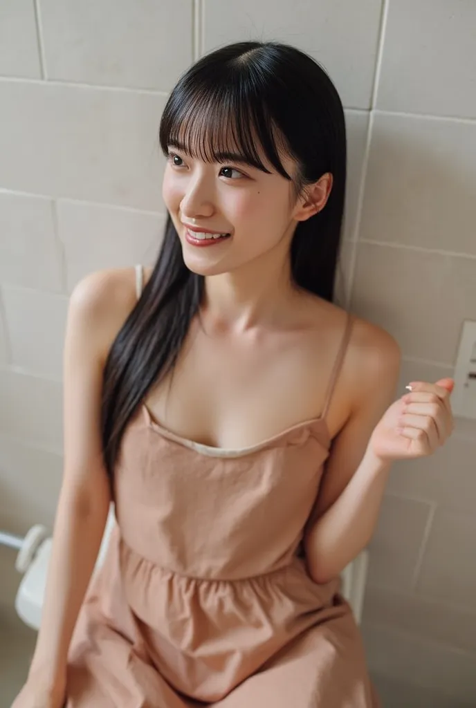 toilet seat、 hi-res、best image quality、naked、 crate cut、smile、sits on the toilet bowl、Using the toilet、 pee、 has bangs、 black hair、 small flat chest ：1.5