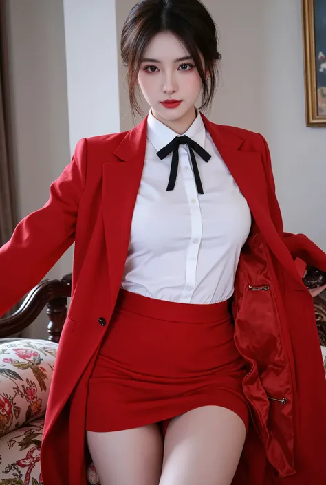  masterpiece, high resolution, High quality,  extremely detailed, red miniskirt,  black ribbon, white shirt,