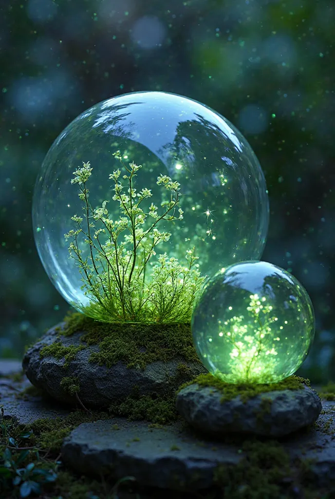 A set of transparent resin spheres of varying sizes, each containing a miniature bioluminescent forest with glowing plants and floating will-o'-wisps. Each sphere emits a soft, ethereal glow, and the base is a moss-covered stone that adds a natural touch t...