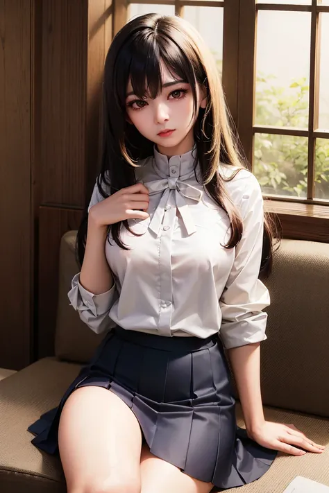 high quality,Exquisite detail,Realistic 4K High-Resolution Image,An Elegant Elegant Beautiful Woman,Exquisite Face Silhouette,Light makeup,Yellow Liu Haikaki Long Hair,Chest,Wearing Red and White Student Uniform, , with a faint smile ,Exquisite College Sty...