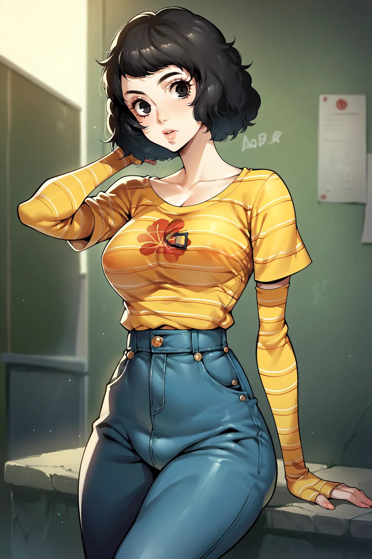 1 girl, solo, Sadayo Kawakami, black hair, black eyes, short hair, large breasts, girly clothes, most of body