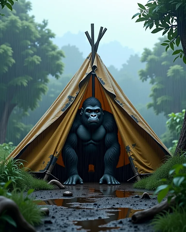 土砂降りの天気でキャンプ
ぼろぼろのテントとゴリラ🏕️