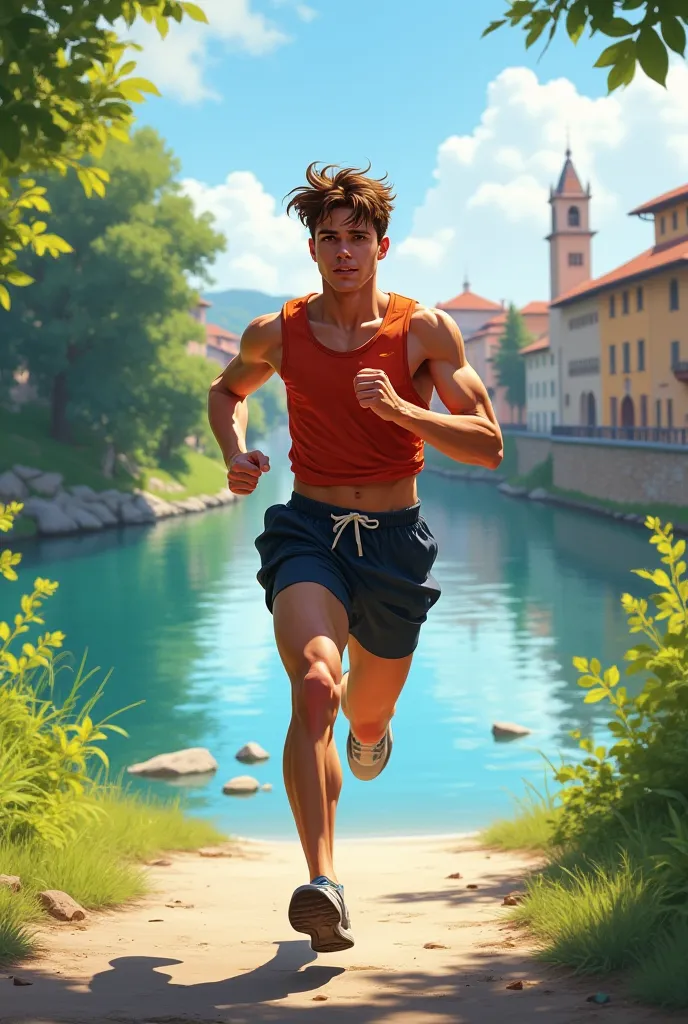 Create a twenty-year-old boy who is running on the shores of the Mincio river in Mantua