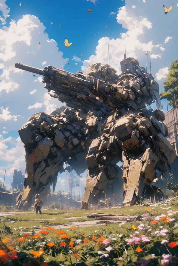 (masterpiece、Top Quality)、Half-destroyed military base、Huge weapons standing side by side、Decaying Machine、rusted armor、Contrast between flowers and machines、Light shining from the sky、Strong backlighting、Butterflies and flowers