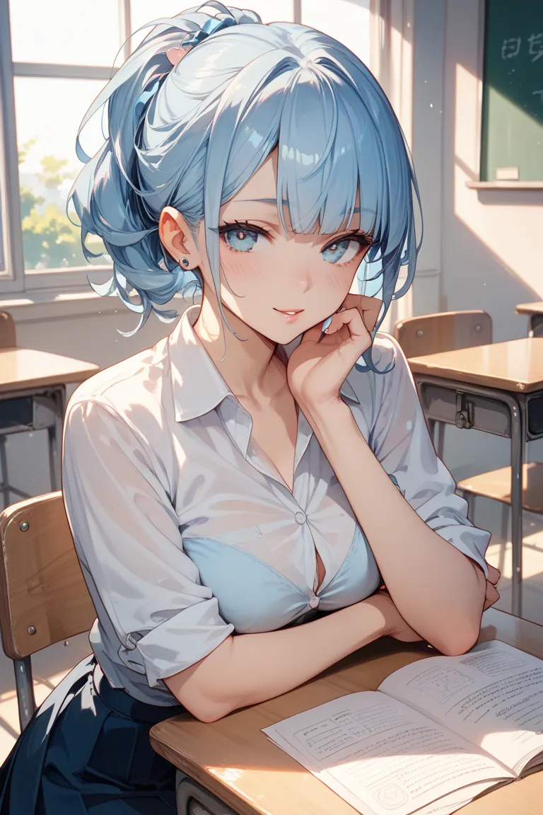 A girl with long light blue hair wearing clothes written on it as the Public Discipline Committee has a seductive expression while taking off her clothes in a classroom where no one else is there