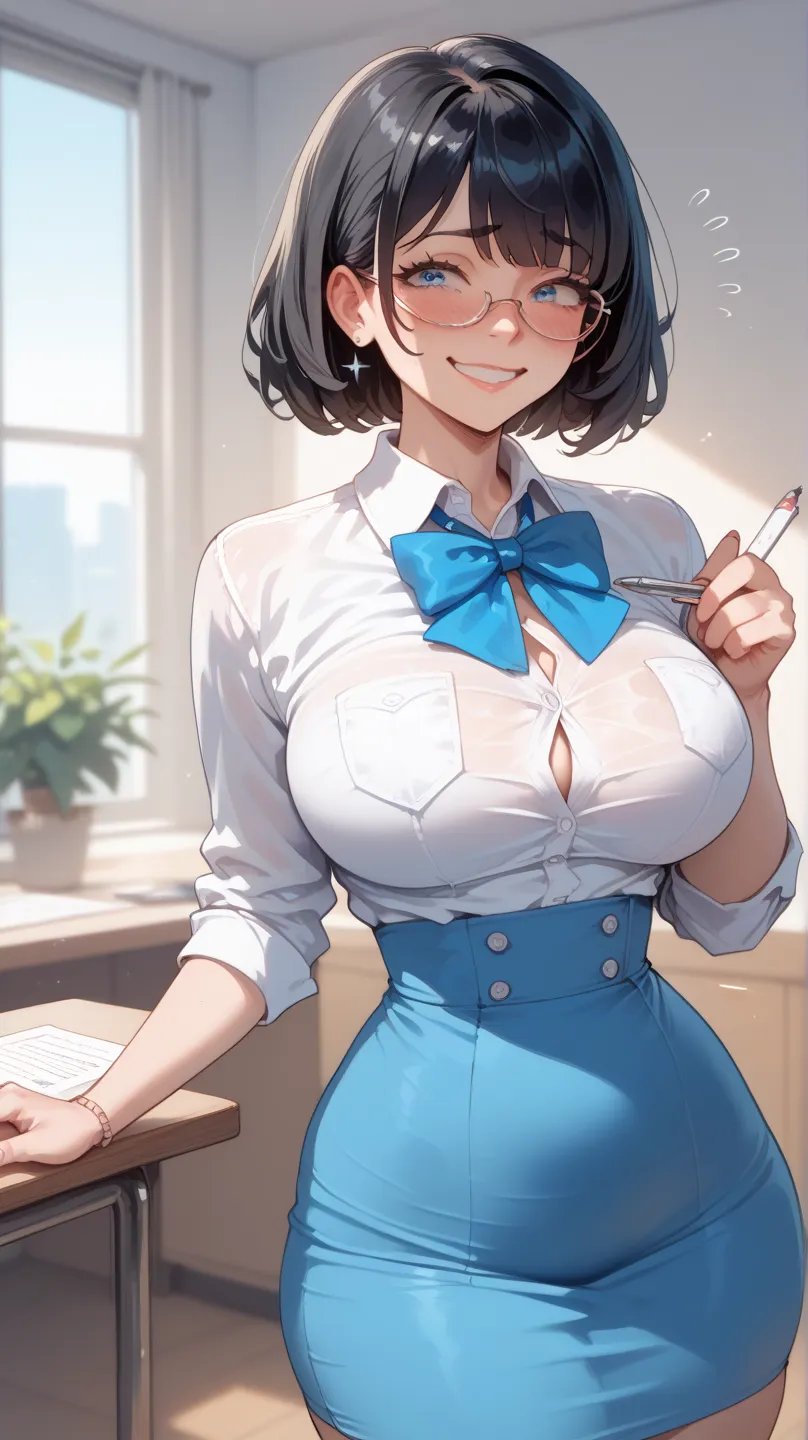 score_9, score_8_arriba, score_7_ 1, 1 woman (short black hair), white dress shirt, blue skirt, Blue bow,  breasts, blush, throw, big ass, big breast, perfect waist, high resolution, with a nervous smile, thanking, with a nervous face 