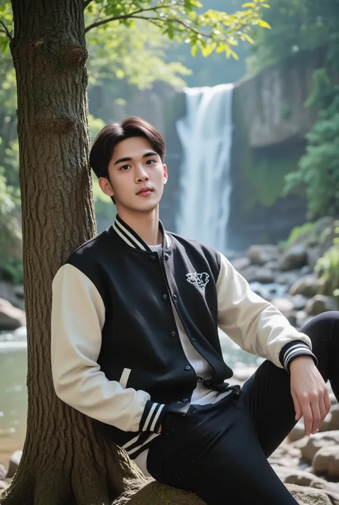 stunning original picture of a tall korean man, which shows a clean face. He was wearing a black varsity jacket with cream sleeves., black jeans. with neatly cut hair. He leaned back against a shady tree., framing a backdrop of serene waterfalls and lush g...