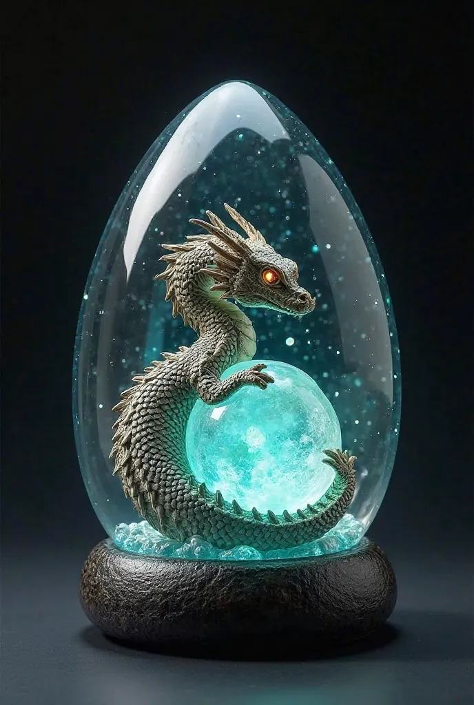 A transparent resin lamp inside which is a life-like dragon curled around a floating crystal. The dragon’s scales are translucent and shift in color like a prism. The base is smooth, like polished obsidian, reflecting the faint light from the dragon’s glow...