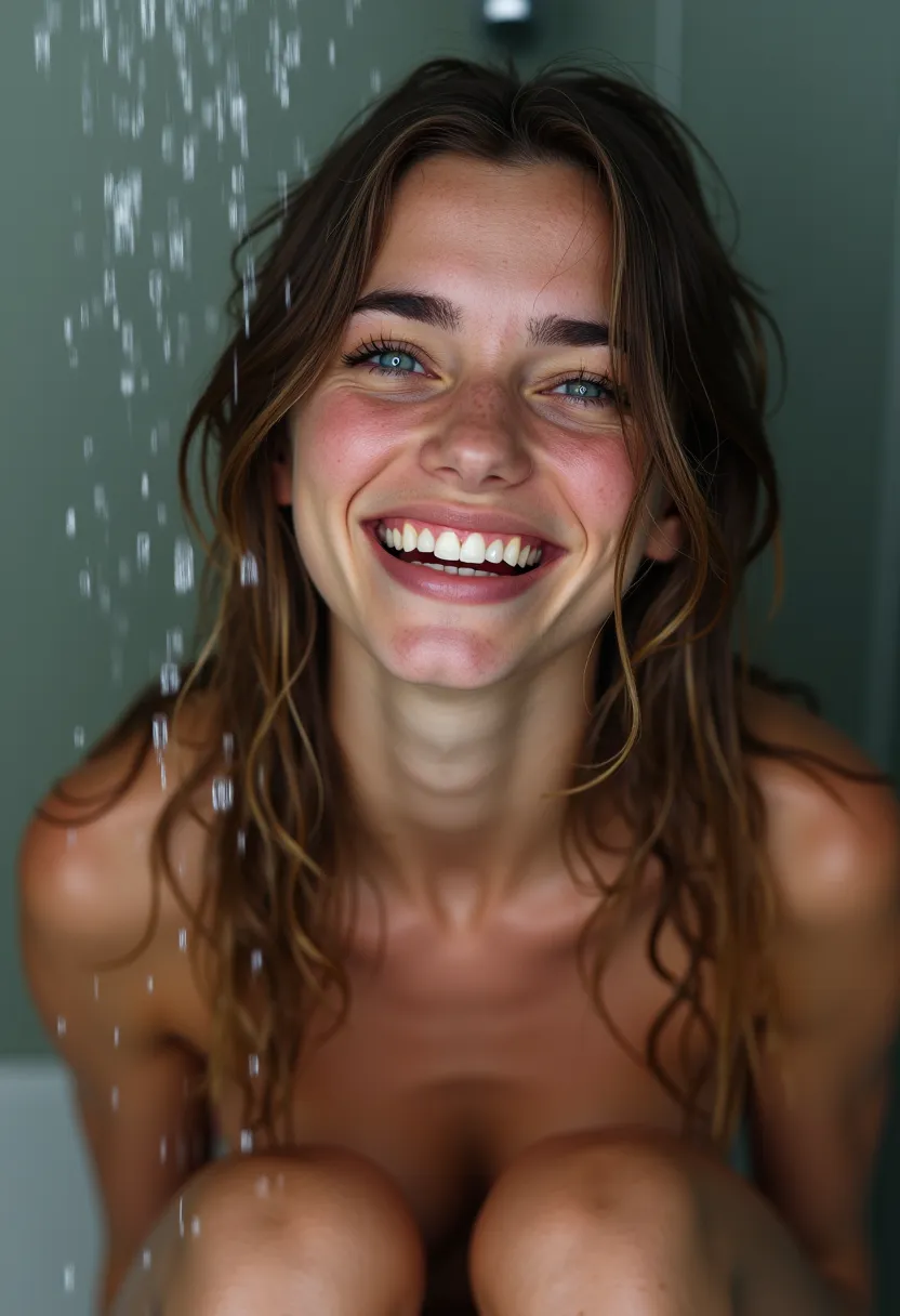 Dutch woman, 25 years brown long hair, big blue eyes. Black mascara, full cheeks and full lips she sits in the shower with her legs spread and pulled up her hair is wet from the water spraying from the shower head she laughs.