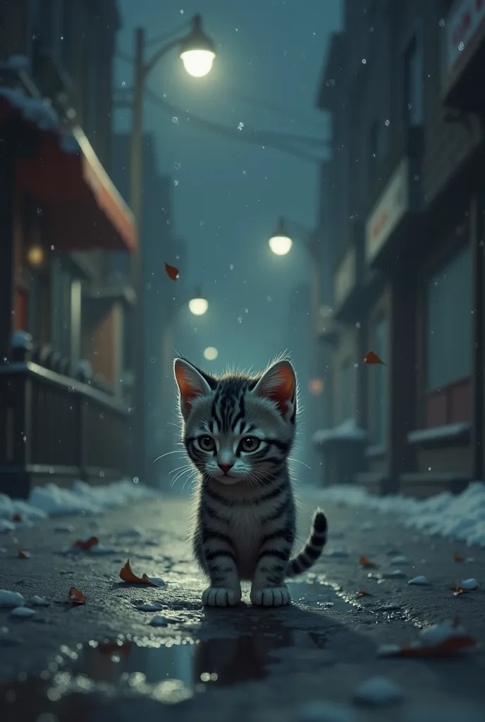 It was a cold night when the sad, striped little kitten got lost.