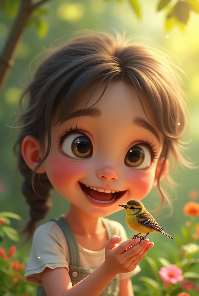 A young girl giggles as a tiny finch hops onto her finger.