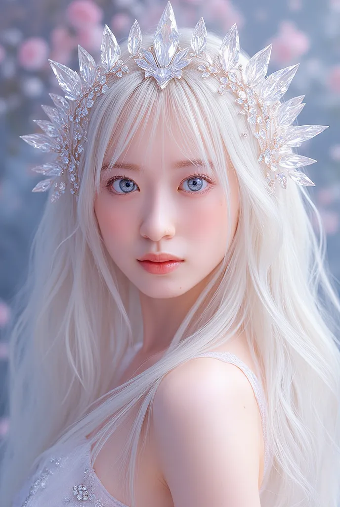 Focusing on very sexy ultra HD 8k milky white long legs、a very beautiful anime style goddess and showing her divine beauty anime style with crystal ornaments on a very beautiful face。