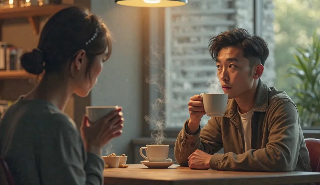 A man calmly sipping coffee, unfazed by a woman’s reaction