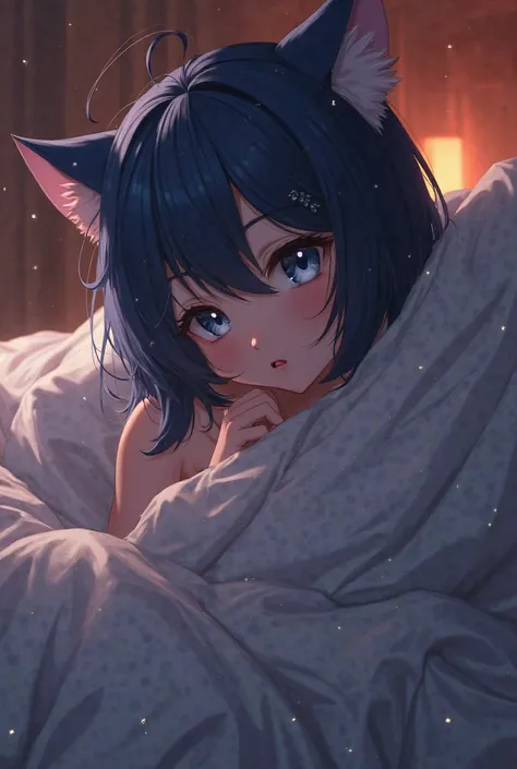 sexy anime cat girl dark blue hair without clothes lying on the bed with blanket