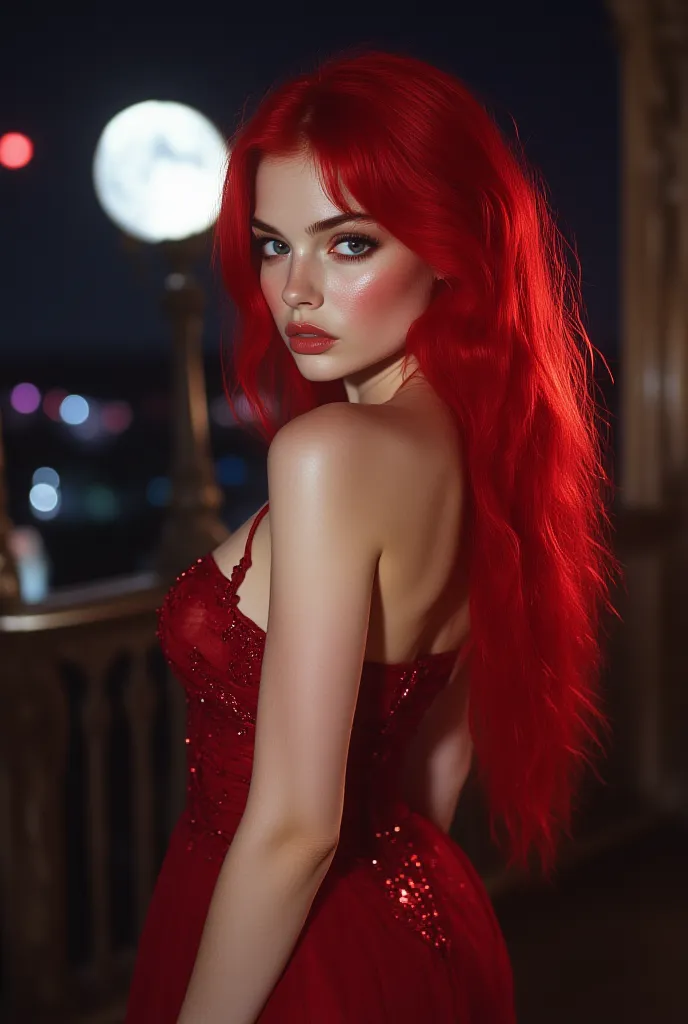 Hyperrealistic and ultra-detailed 4K portrait of an incredibly beautiful woman with bright and penetrating steel-gray eyes, Very long and abundant red hair s4ngr3 that reaches her hips and falls on her shoulders in a delicate way. Her pale skin shines unde...