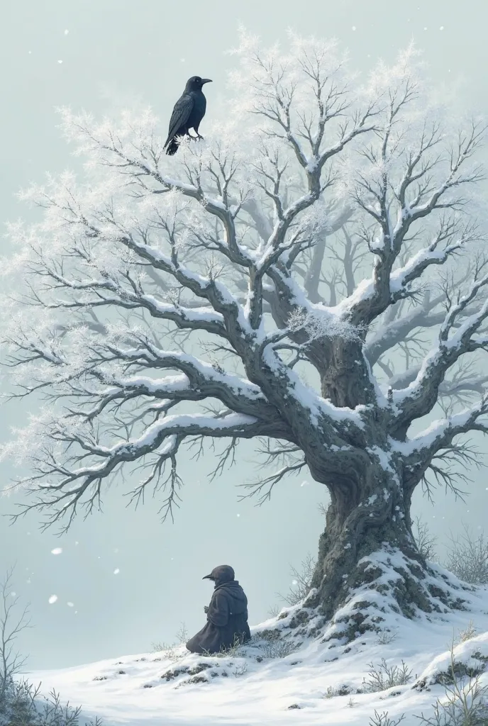 A tree covered with snow and a crow sit on the tree and a man under the tree 