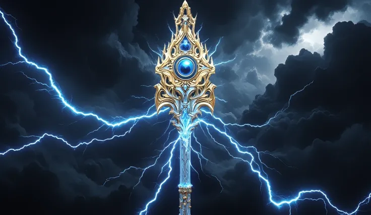 A powerful mythical spear named Vajrapathastra, forged from divine lightning. The spear has a golden blade engraved with ancient runes. At the center, a circular core glows with an intense blue energy surrounded by intricate golden patterns. The shaft is m...