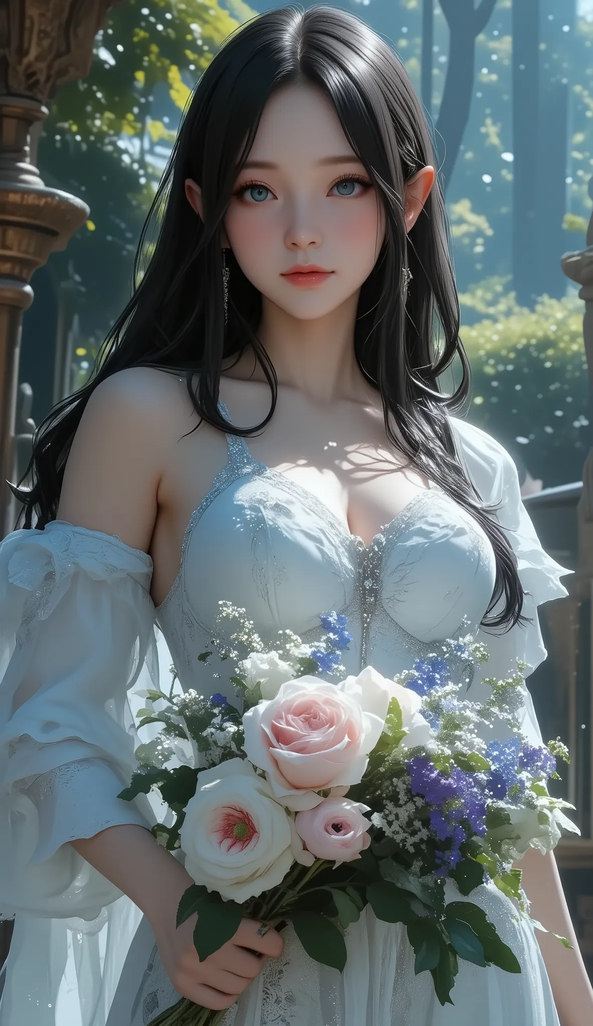   best quality , high image quality, 16k,   unbelievably ridiculous ,  very well detailed, 2.5D,  delicate and dynamic,  Kiri Reina Female,  seductive smile,  pure white wedding dress ,    great style  , bouquet,   steampunk,   dieselpunk  ,    clock punk ...