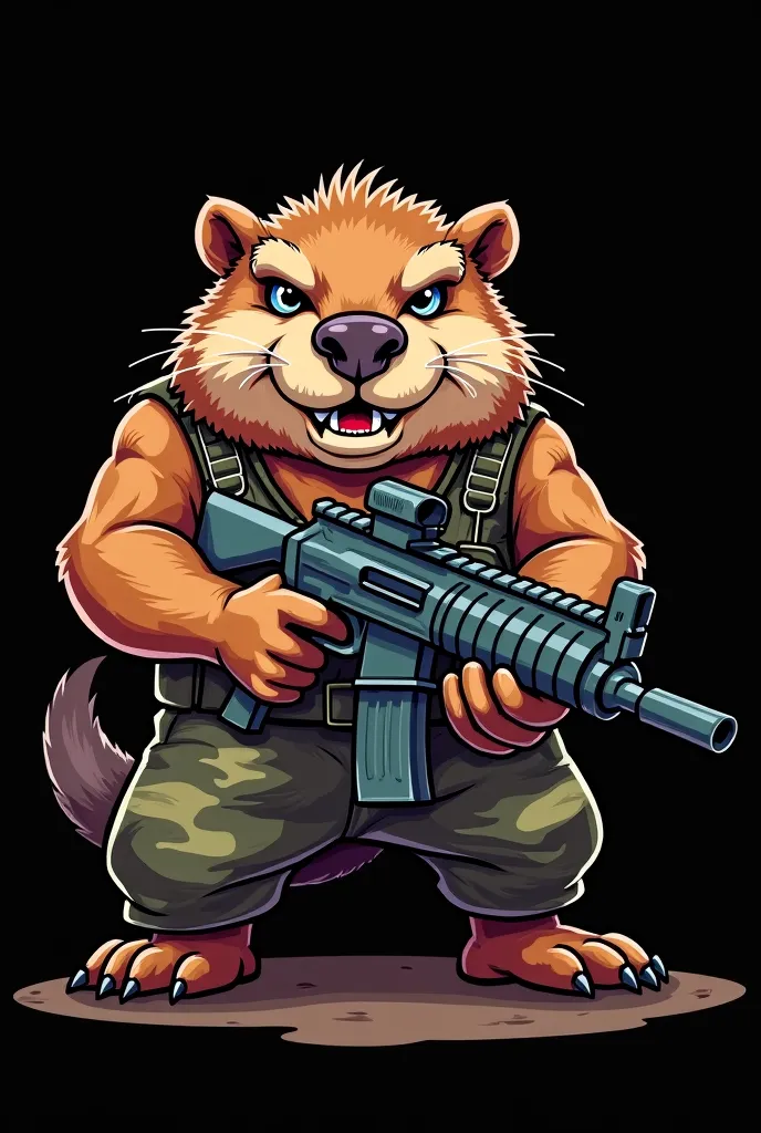 A beaver as Rambo in battle stance with a big machine gun cartoon with black background 