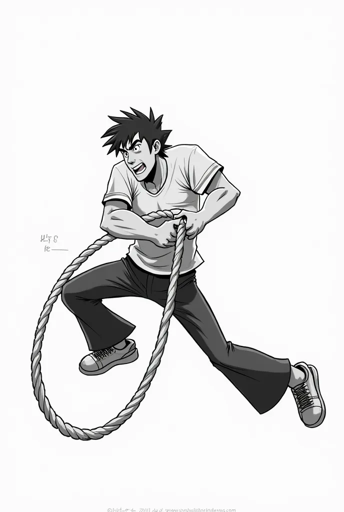 "A dynamic black-and-white digital illustration of a young man with spiky hair and a determined expression, engaged in a tug-of-war. He wears a short-sleeved shirt with two white stripes on the sleeves, dark pants, and sneakers. His posture is strong, lean...