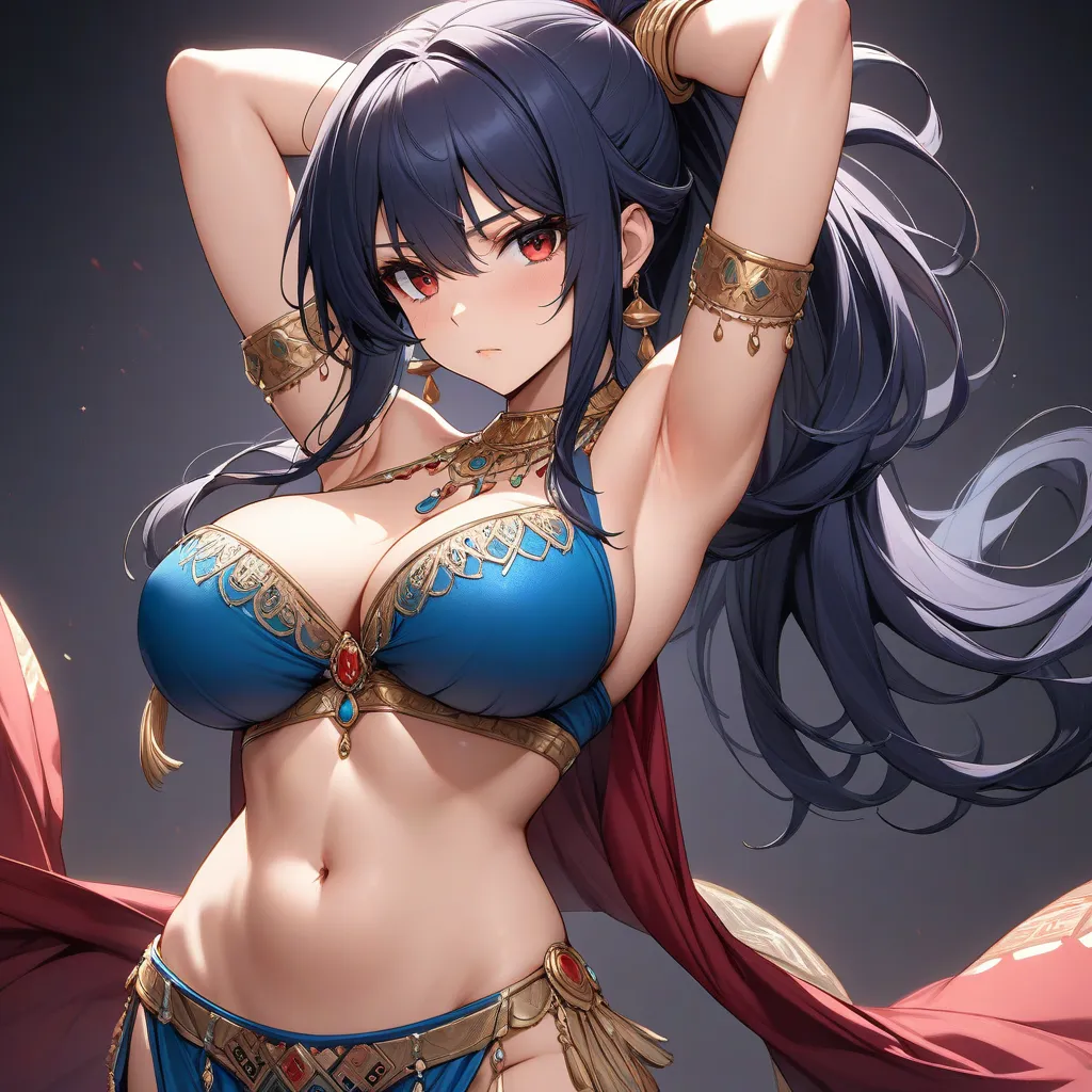 High resolution, high quality, HD, beautiful female, 1 female, beautiful, ager, beautiful girl, mature, young, serious, dark blue hair, long hair, ponytail, red eyes, big breasts, bellydancer, show stomach, show armpits, sexy, slutty