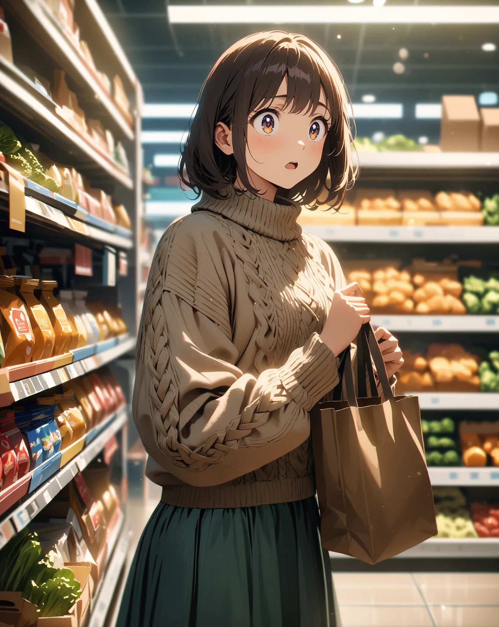 top quality, ultra high detail, high resolution, masterpiece, 8K, one girl, solo, anime style, side view, young woman, casual winter outfit, wearing a cozy knit sweater and skirt, carrying a shopping bag over her shoulder, holding a pack of eggs or vegetab...