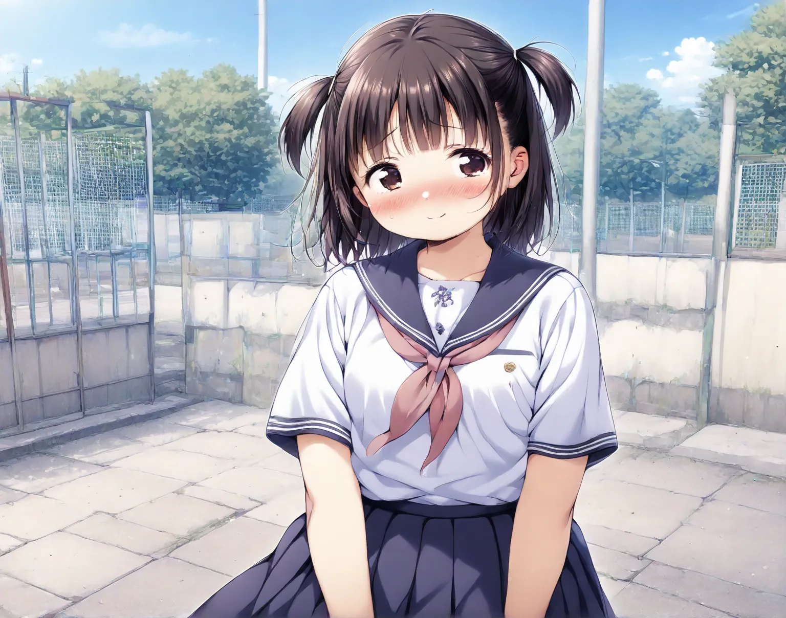 slightly chubby, 1 girl, short twin tails, Japanese, school uniforms, Hairstyle is short pigtails, looks embarrassed, is shy,  my eyes are black, smile,  under the blue sky, Schoolyard