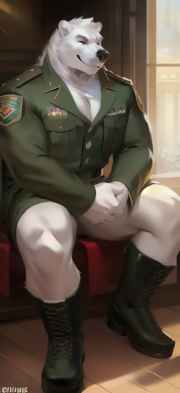  alone,  man big tall , Sitting inside .,black green​ in wardrobe ,polar bear ​,tail crocodile long , black Green military Army uniform ,  wearing boots ,  heavy overload,  muscle,  smirking evil , by chunie 