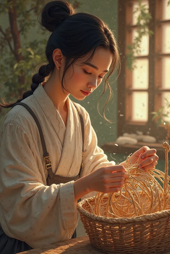 A woman weaving a basket