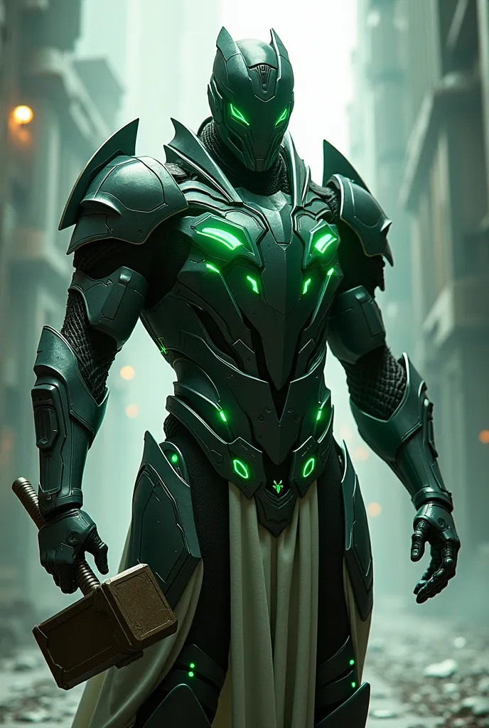 Create a man in technological armor with green lights this man is strong and great and carries a hammer