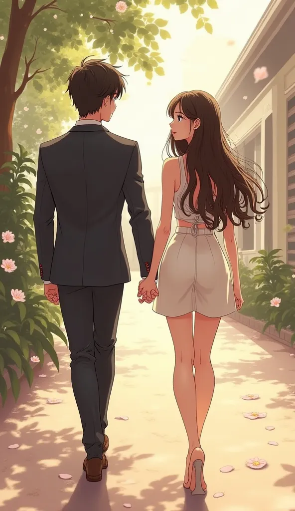 Draw a semi-realistic anime in a romantic fantasy style. Thai man is a handsome young man with white skin, elegantly dressed, and beautiful girl with long hair, big eyes, big round eyes, oval face, plump mouth, sexy, wearing a short skirt, looking luxuriou...