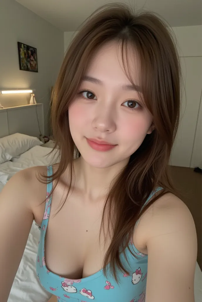 POV of a amateur selfie of a young woman  selfie in a cozy bedroom. She has long, slightly tousled brown hair, natural skin texture, and a soft, relaxed expression. She is wearing a tight, pastel blue dress with a cute Hello Kitty pattern. The lighting is ...