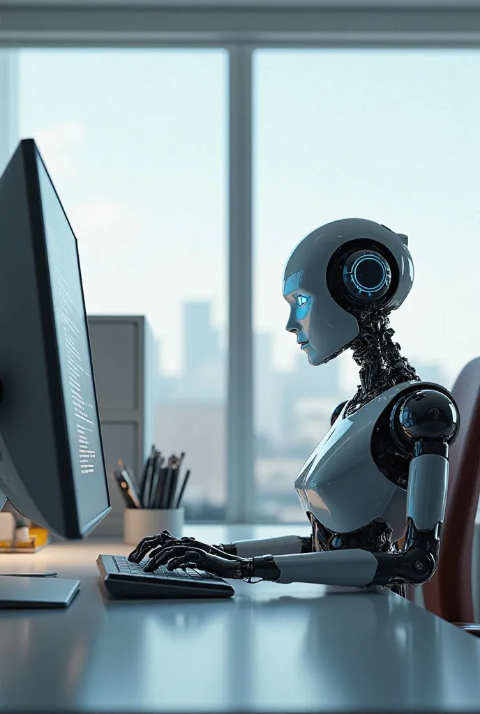 Create an image of a robot sitting in an office typing commands on the computer 