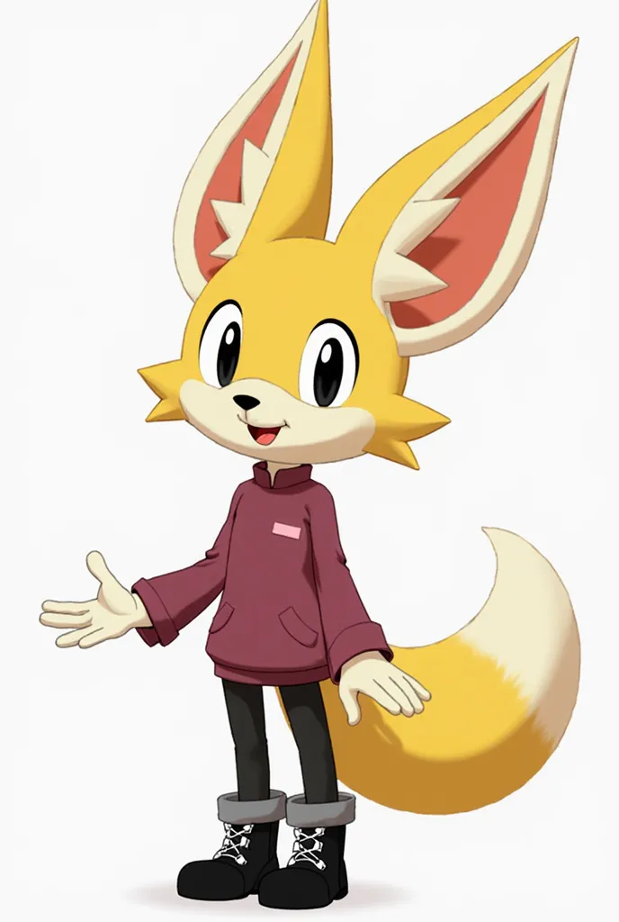 She is an anthropomorphic female fennec fox with yellow fur and white details, including her furry cheeks, ear tips, and tail. She has the large, pointed ears typical of fennec foxes, and black eyes with white pupils. She wears a long sleeve of dark pink (...