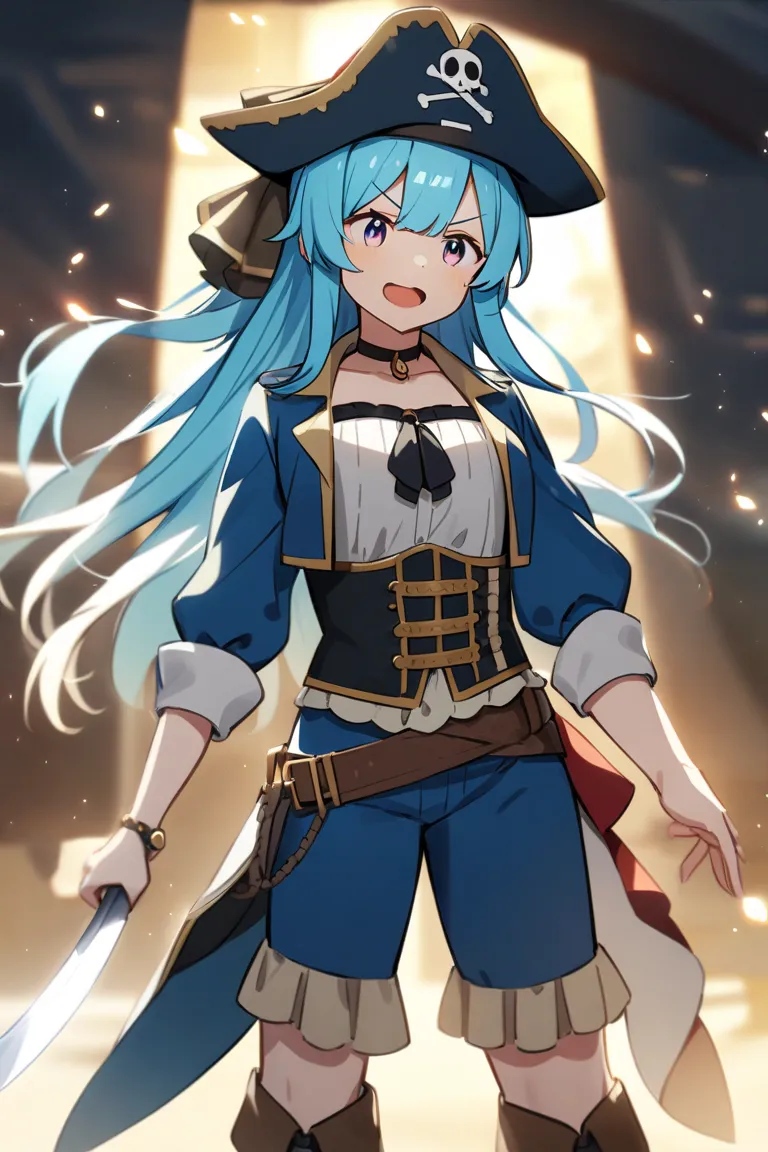 Anime, girl with long blue hair, pirate outfit