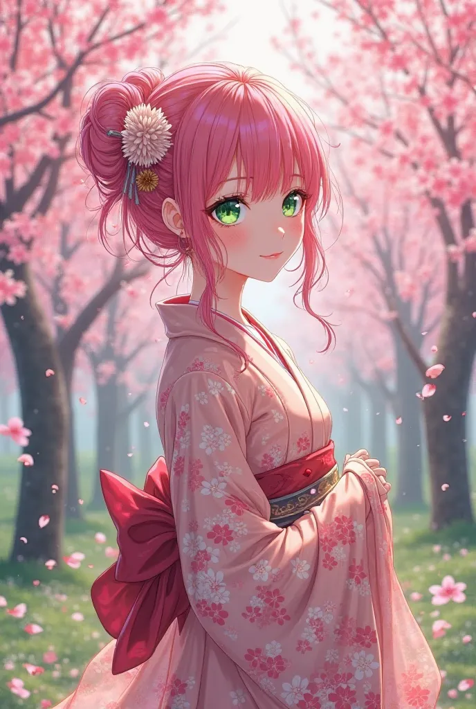 woman kimino sakura, pink hair, green eye, anime version 