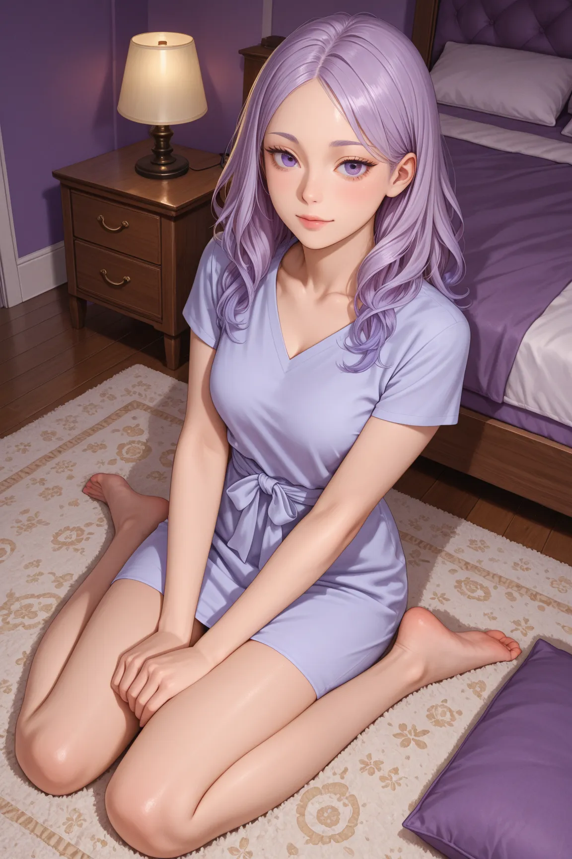 High-quality,full body, Screencap anime haikyuu ,"A beautiful young woman with long,,upper high angle , living room, wavy lavender hair in a warmly lit room, looking at viewer, hands on a coach beside her, She wears a navy blue V-neck dress with short slee...