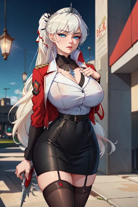 (masterpiece, best quality, absurdres, 4k, aesthetic, detailed, intricate),1girl,nikkecrwn,tiara, tall body, hair ribbon, 
Cosplay as Weiss Schnne from Rwby, Red military officer jacket、Black pencil skirt、Black Half Stockings、Wearing a black military beret...