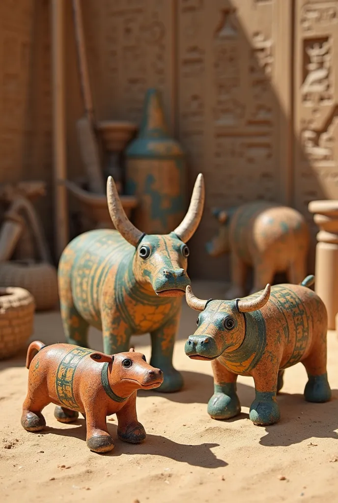 A realistic image of toys from Ancient Egypt representing bulls, crocodiles and hippopotamuses. These figures are made of wood and painted clay, with hand-carved details and decorations in natural colors, like ochres, blues and greens. Some toys have movin...