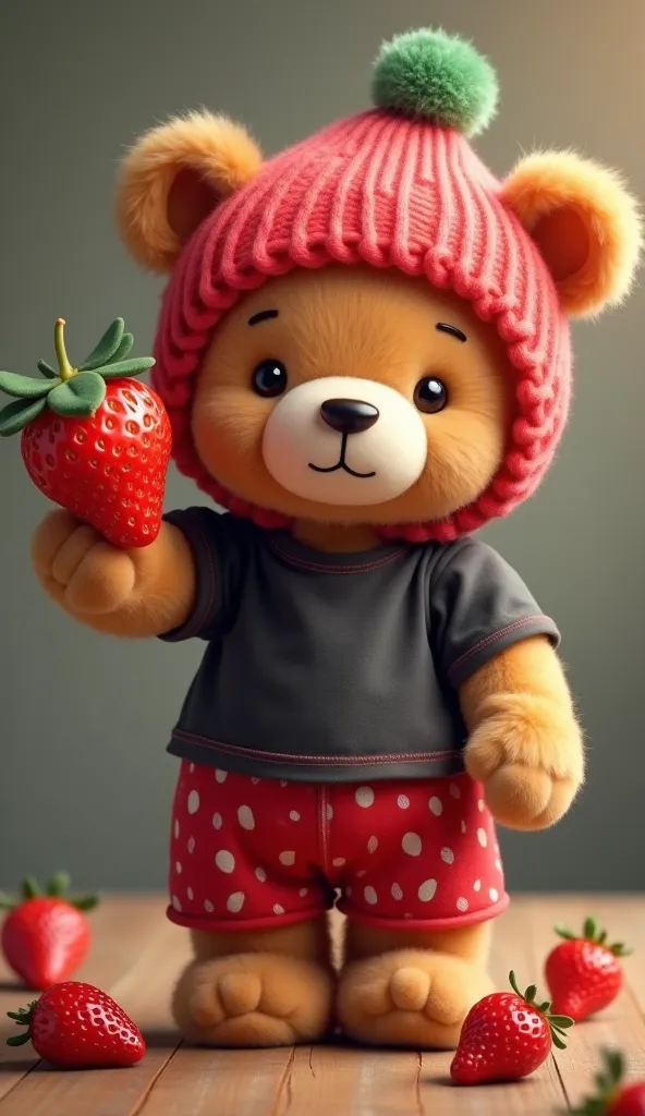 A charming plush bear standing proudly on a table, holding a large, ripe strawberry in its right paw, extending it forward with a sense of pride. The bear’s round, button-like eyes sparkle with excitement as it showcases the fruit.

The bear wears a strawb...