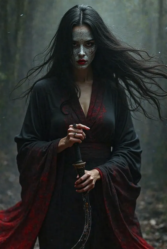 Dark background with soft shadows. An imposing female figure, dressed in a black kimono mixed with flashes of red blood. Her face is covered by a mask of Hania, whose crystal eyes seem to shine with a cold and deadly light. The dark and long hair moves as ...