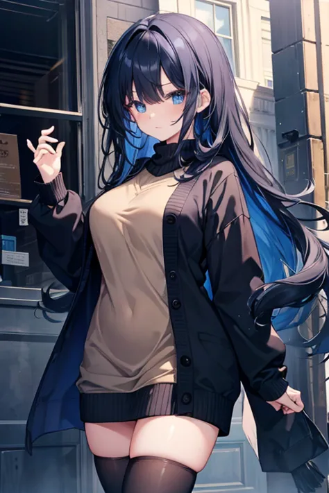 best quality,8K,masterpiece,anime,full body,1 girl,tall,dark-blue eyes,black hair,blue inner hair,long hair,large breasts,black sweater,beige cardigan,black tights