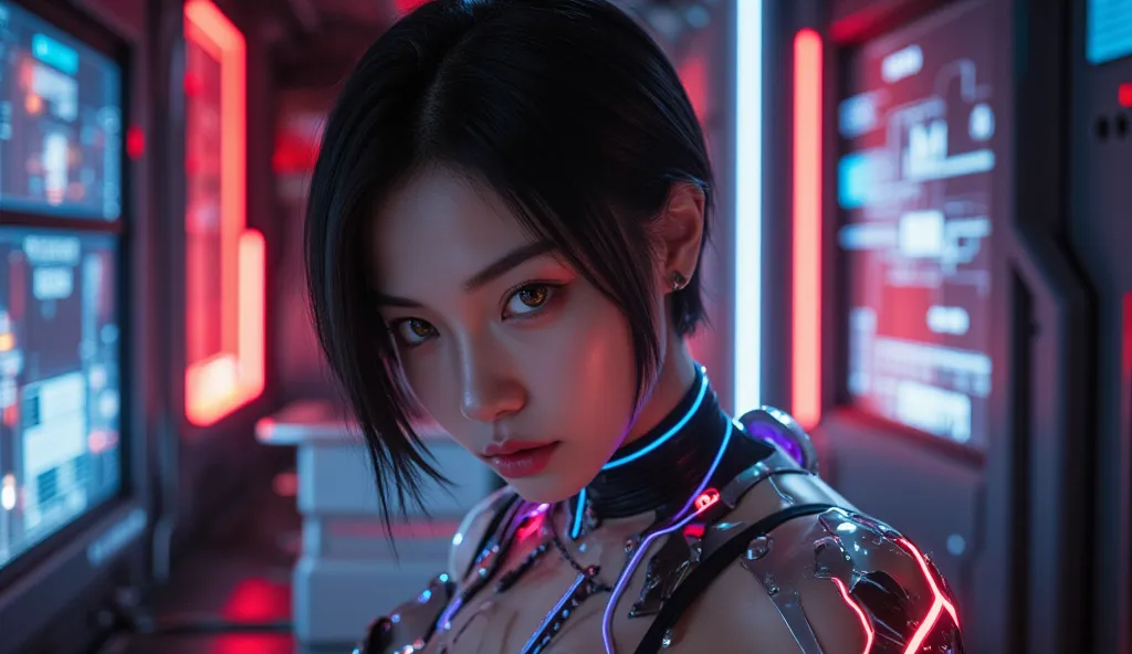 
"A fierce cyberpunk Asian woman with short black asymmetrical hair, glowing neon strands in electric blue and purple, and golden sharp eyes. Her athletic, sculpted body is enhanced with high-tech biomechanical implants running along her spine and arms, pu...