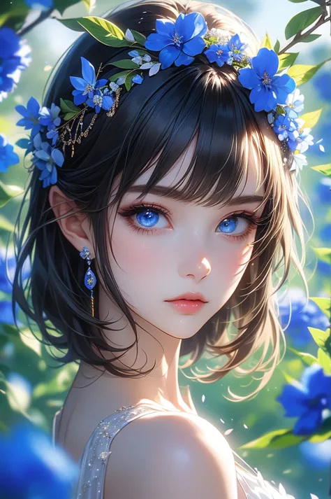 a anime girl dressed in black and blue with a flower in her hair, 1girl, solo, jewelry, blue eyes, earrings, hair ornament, blurry, upper body, hair flower, blurry background, breasts, from side, bangs, flower, depth of field,wearing blue flowers, flower, ...