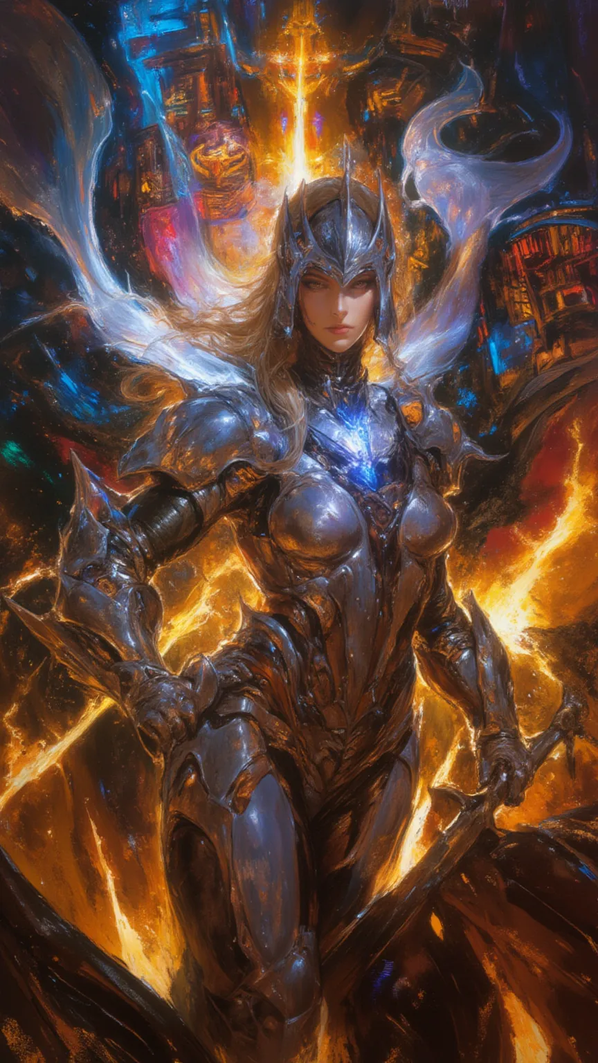 full body, Female Knight， art ，sci-fi，future，weapons，sexy，long golden hair，Wayne Reynolds draws，in a highly detailed and dynamic style, Luminescence，Battle Screen