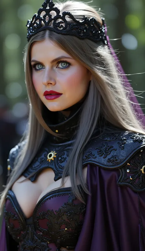  Here is a detailed prompt to generate a super realistic image , with a brilliant and detailed look, focused on the upper body: "Hyper-realistic close-up of The image depicts an imposing and majestic woman, dressed in detailed armor in shades of purple and...