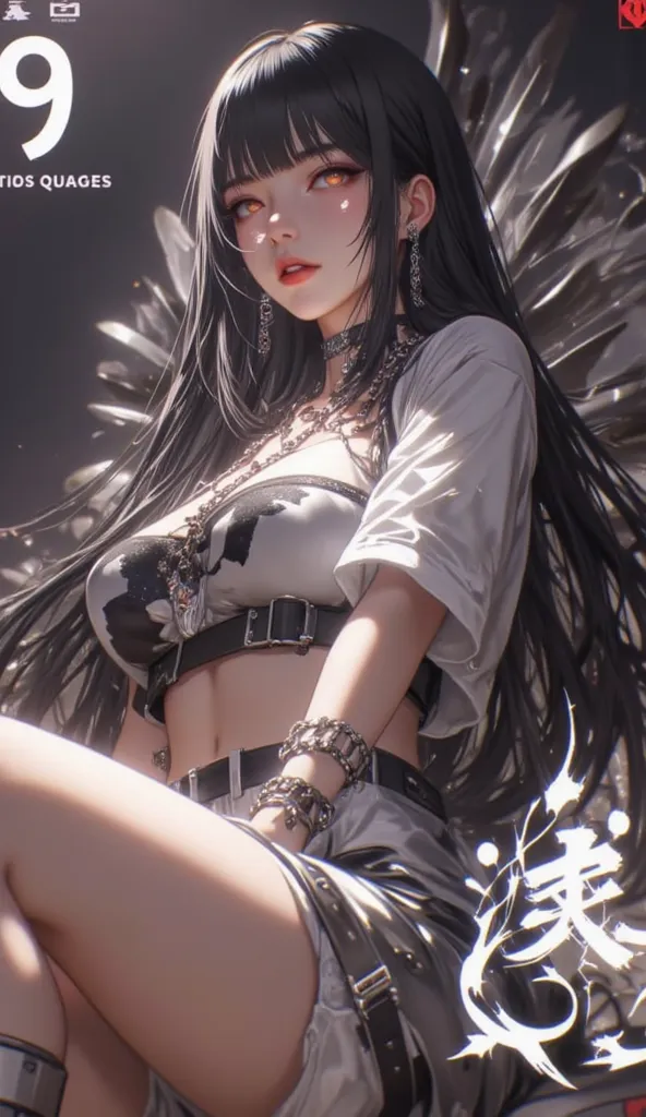 score_9, score_8_up    , score_7_up    , score_9,( masterpiece, Top Quality, absurdity of feather,  Game CG, shape, Very detailed), a girl, alone, (Mayu Kuroe),  beautiful attention to detail , Sitting, chain,  弯下膝盖,  cropped top ,  shorts,Big breasts、 lon...