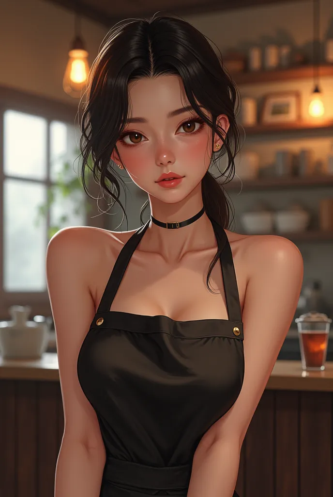 (ultra-realistic realism、Show underarms、Ultra-realistic armpit skin、Detailed armpit wrinkles), ((Underarm posture、Underarms、Realistic armpits、full of sweat、shiny skin、Shiny armpits)),(Illustration of wearing an apron in a café), (A high resolution), (8k), ...