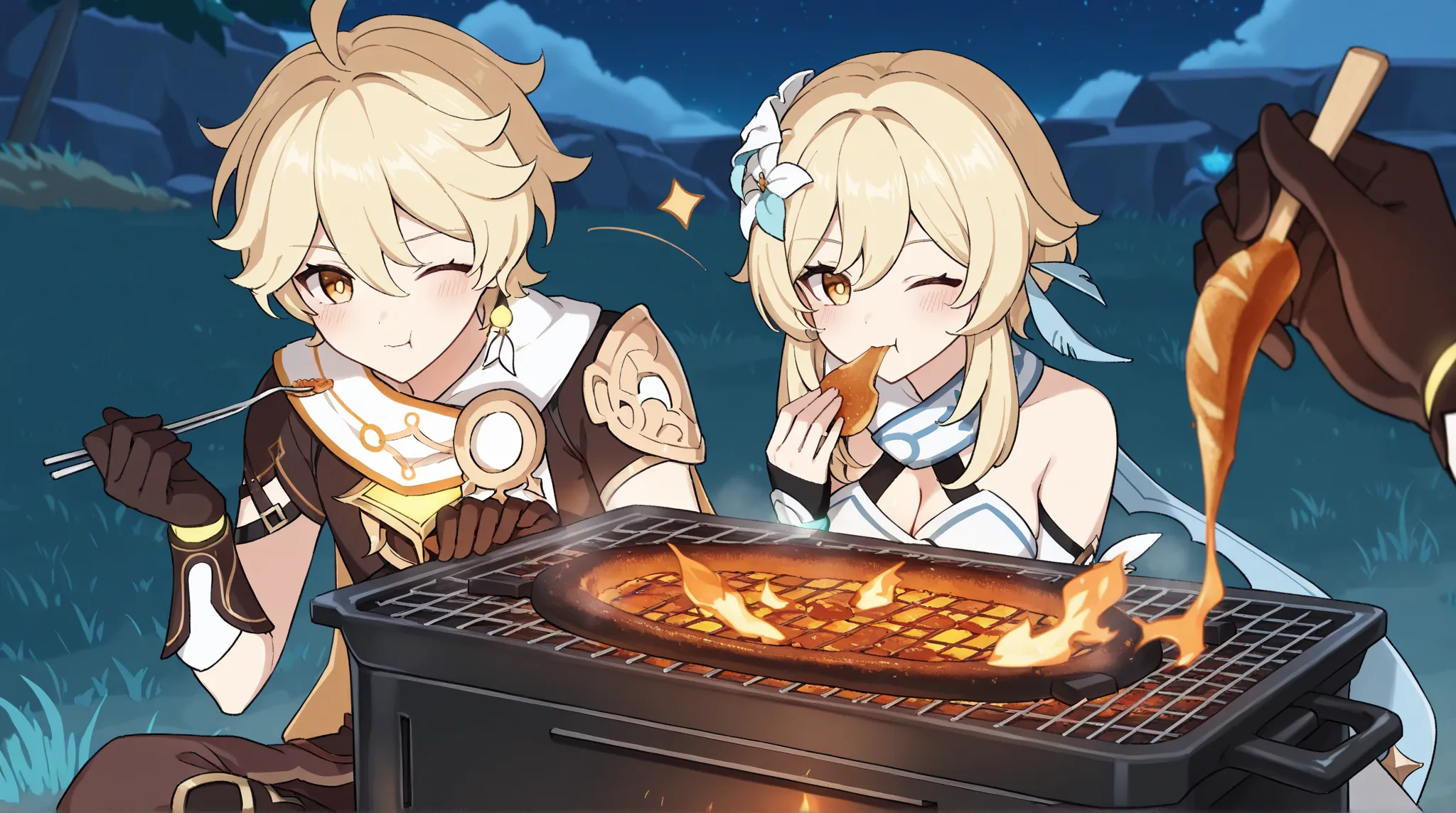 score_9, score_8, score_7, masterpiece, best quality, ultra-detailed, Outdoors, at night, 1boy, (Aether_(genshin impact), 1 girl, Lumine_(genshin impact), holding a barbecue, eating something, with one eye closed), One on the left, one on the right around ...