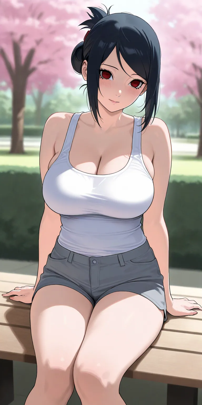 Uchiha Shisui, housewife, red eyes, black hair, hair top eyes, chignon hair, white tanktop, cleavage, milf, short pants, soft light, high detailed, best quality, tucked sitting, large breast, D cup, high resolution, park,